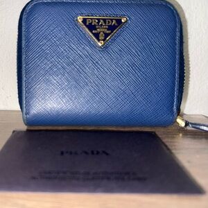 Prada Saffiano Triangle Logo Coin Purse Wallet Blue Auth w Cards